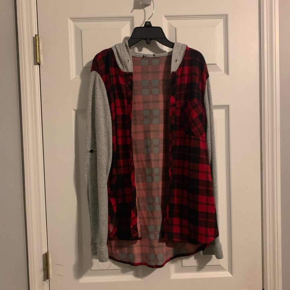 Plaid long sleeve shirt with hood